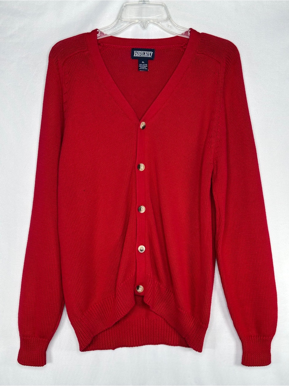 Lands' End Red Cotton Knit Cardigan Sweater V-neck Sz XL